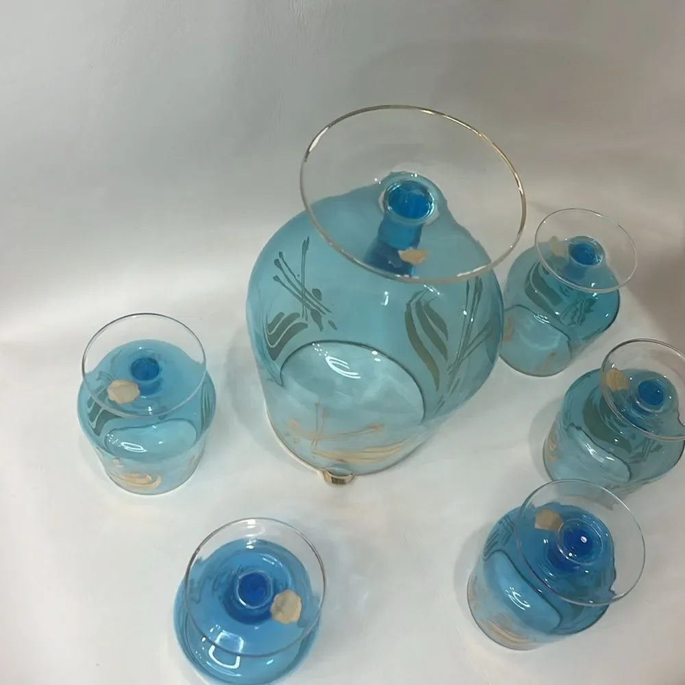 Italy Bar Spout Pitcher 5 Glass Vintage Cobalt Venetian Blue Hand Painted Gold